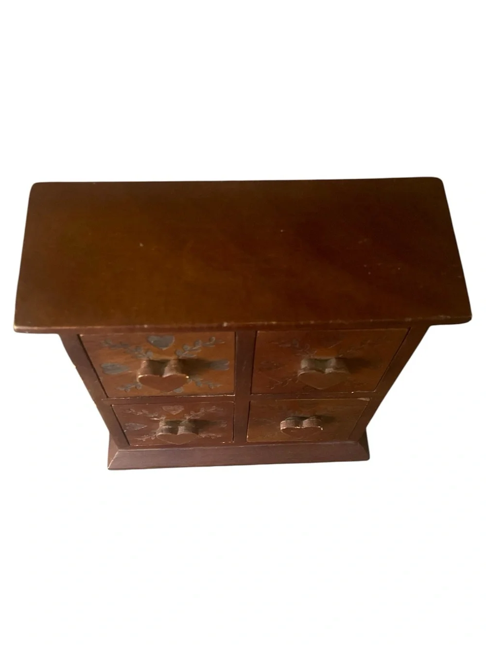 Vintage Solid Wood 4 Drawer Trinket Chest Herb Drawer Hand Carved Heart Folk Art